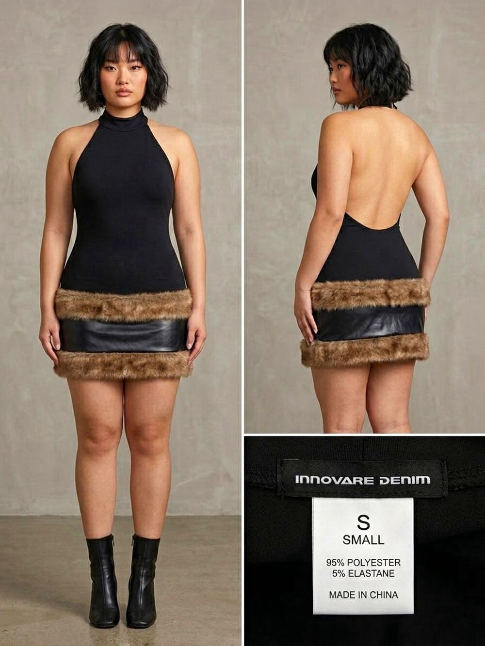 Innovare Denim Women's S Black Halter Open Back Bodycon Mini Dress Faux Fur